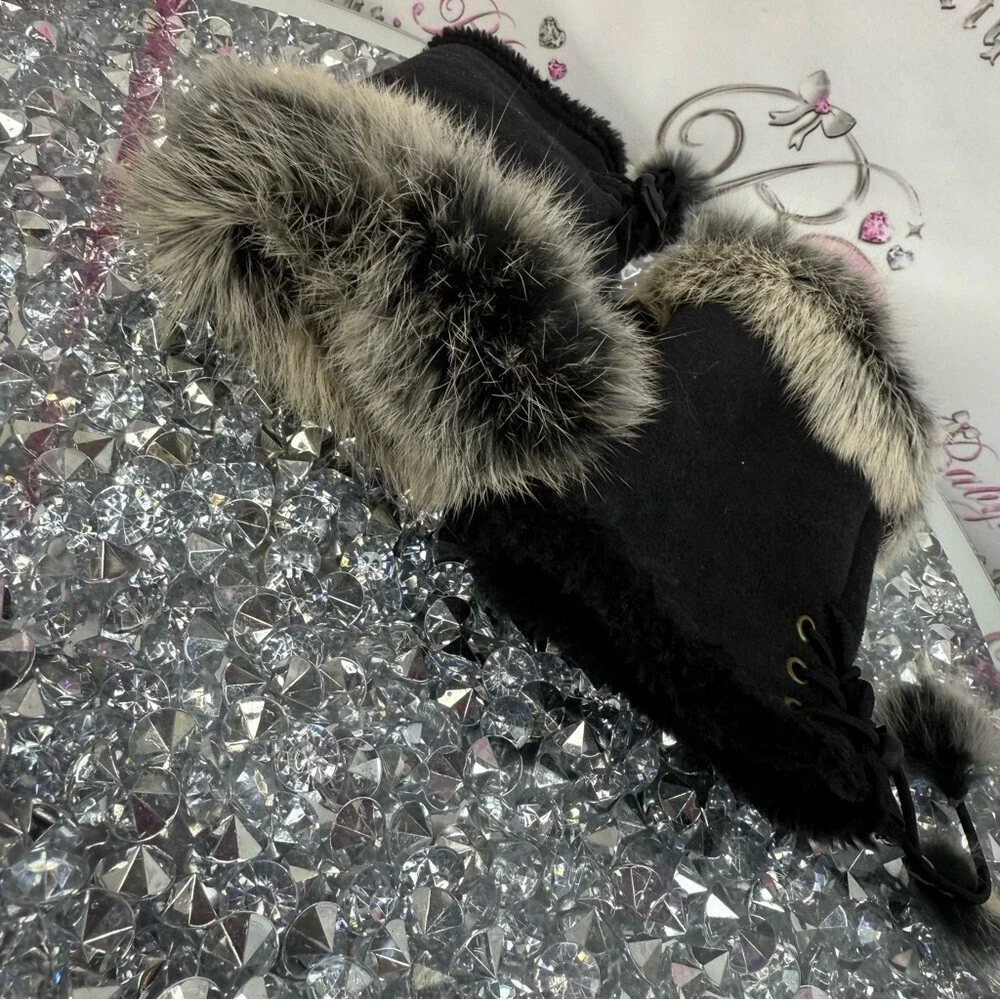 Mitts Black rabbit Fur Trim Fingerless Gloves with Pom  Pom lace up details